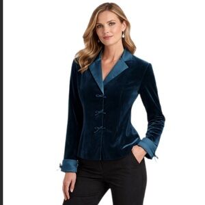 NWT Coldwater Creek Deep Teal Velvet Satin Trim Bow Jacket — 6P